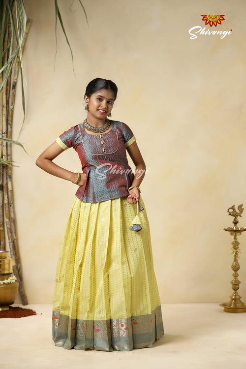 Girls Yellow Peacock Rain Pattu Pavadai Designs