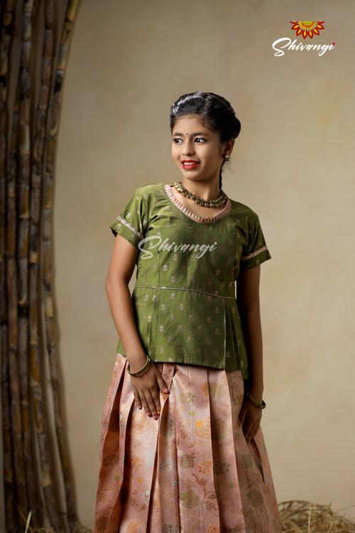 Girls Peach Pine Creeper Pattu Pavadai Langa Designs