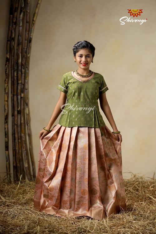 Girls Peach Pine Creeper Pattu Pavadai Langa Designs