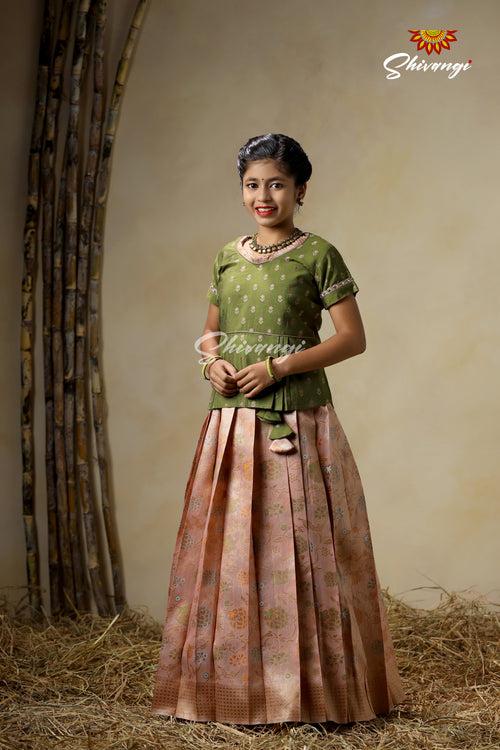 Girls Peach Pine Creeper Pattu Pavadai Langa Designs