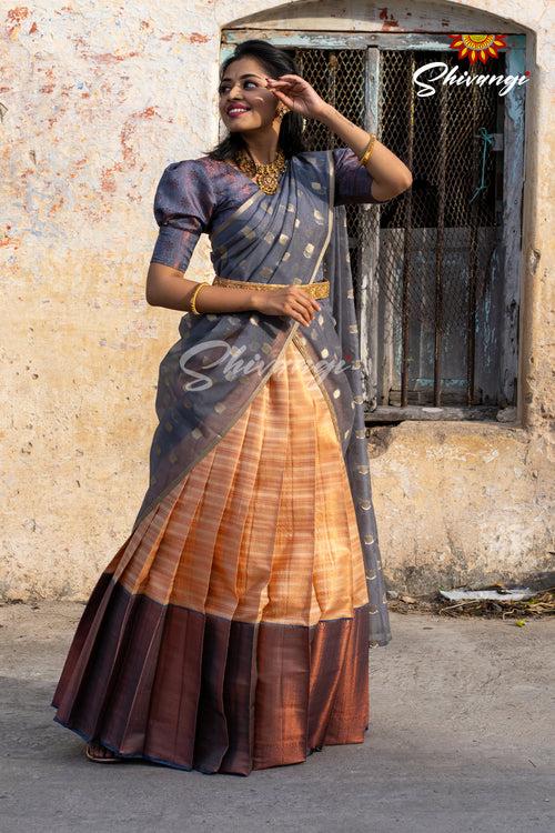 Girls Grey Golden Rail  Half Saree | Langa Davani