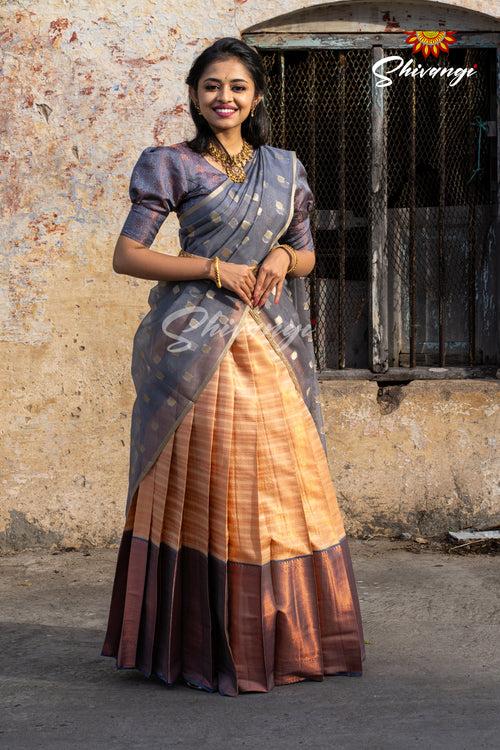 Girls Grey Golden Rail  Half Saree | Langa Davani