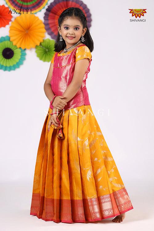 Festive Collection - Yellow Golden Feather Pattu Pavadai For Girls !!!