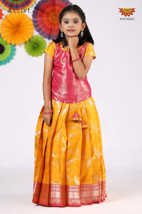 Festive Collection - Yellow Golden Feather Pattu Pavadai For Girls !!!