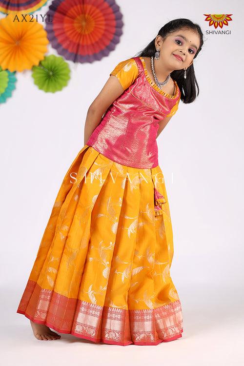 Festive Collection - Yellow Golden Feather Pattu Pavadai For Girls !!!