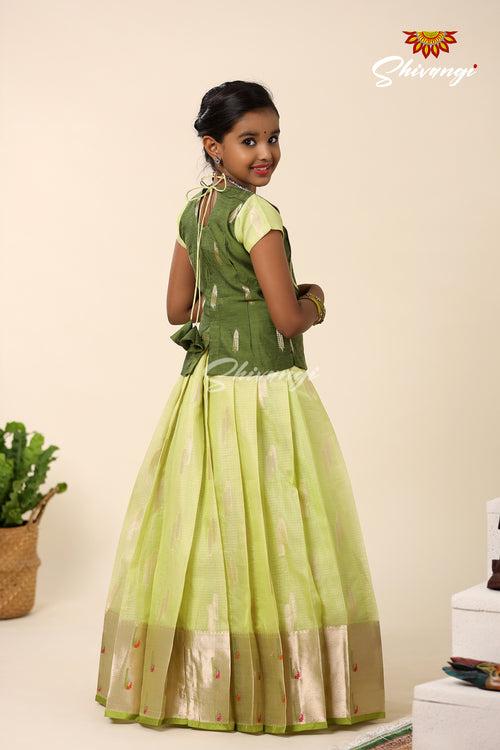 Festive Collection - Green Kota Leaf Chanderi Pattu Pavadai For Girls