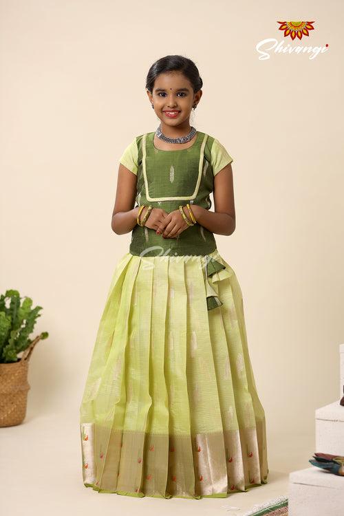 Festive Collection - Green Kota Leaf Chanderi Pattu Pavadai For Girls