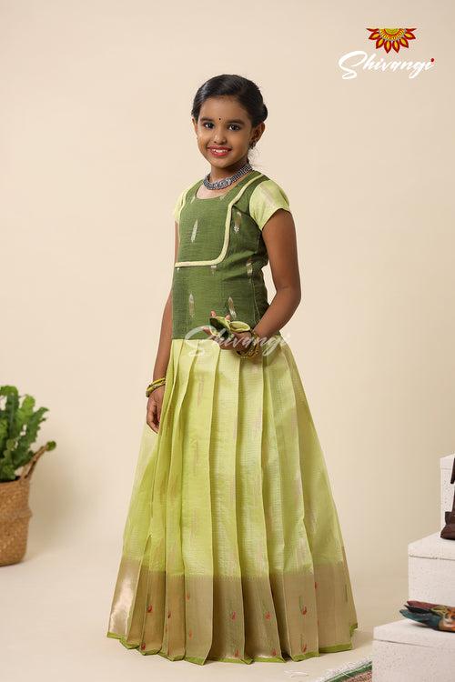 Festive Collection - Green Kota Leaf Chanderi Pattu Pavadai For Girls