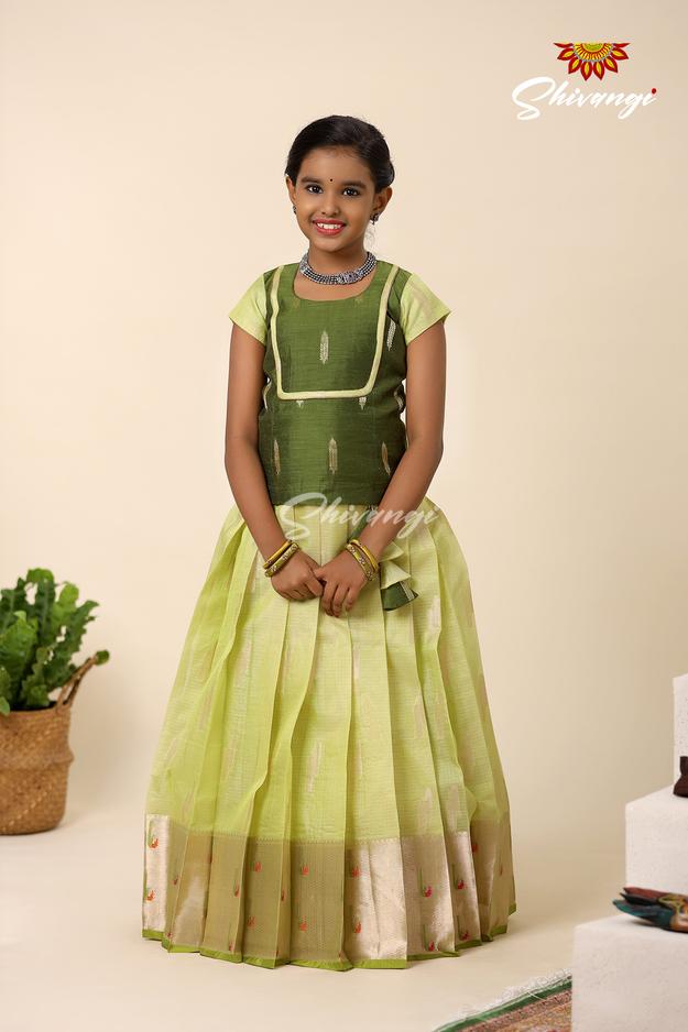 Festive Collection - Green Kota Leaf Chanderi Pattu Pavadai For Girls