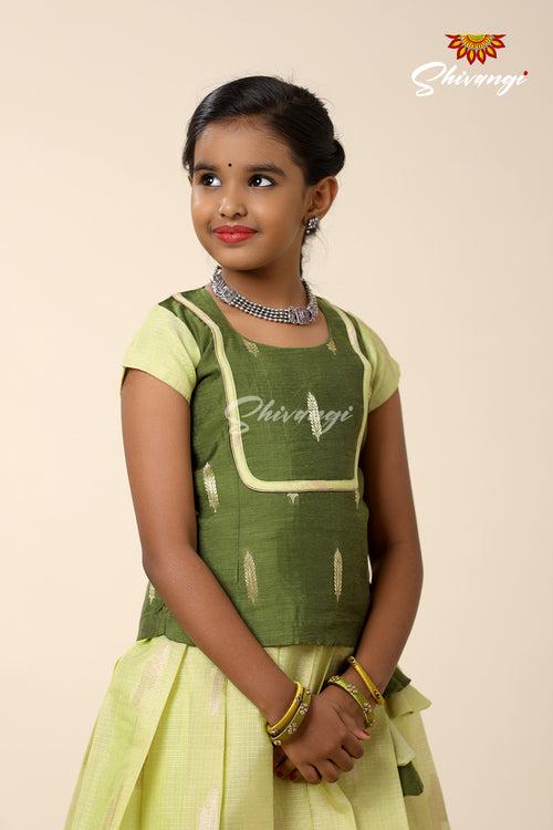 Festive Collection - Green Kota Leaf Chanderi Pattu Pavadai For Girls