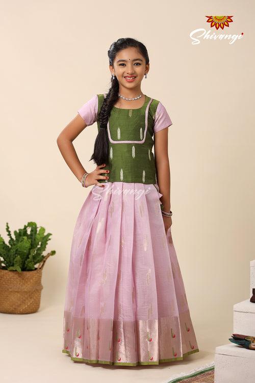 Festive Collection - Lavender Kota Leaf Chanderi Pattu Pavadai For Girls