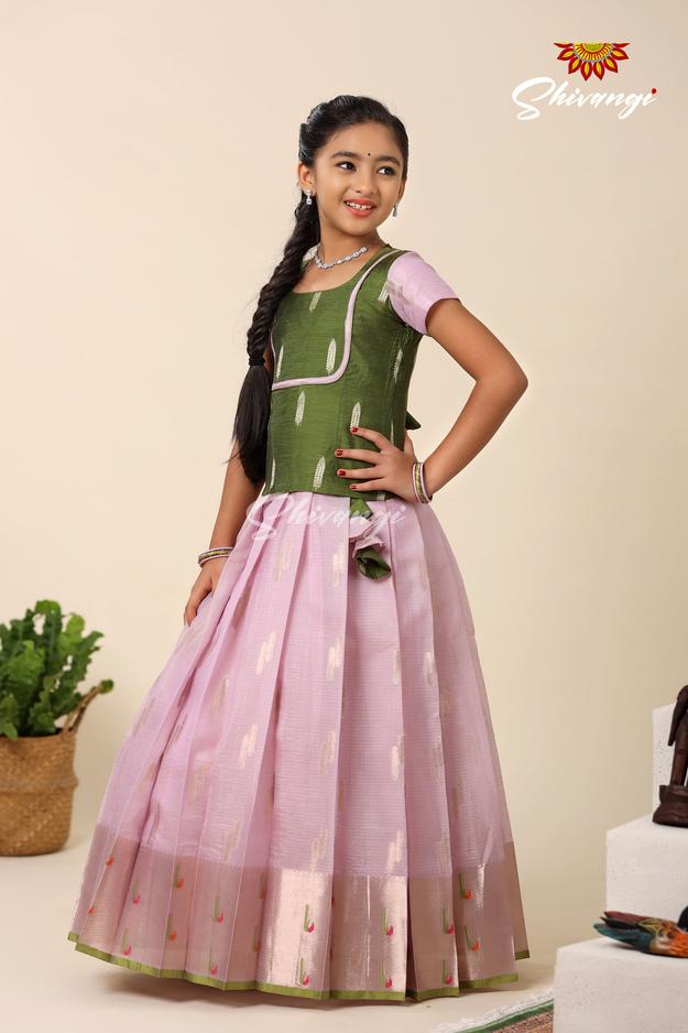 Festive Collection - Lavender Kota Leaf Chanderi Pattu Pavadai For Girls