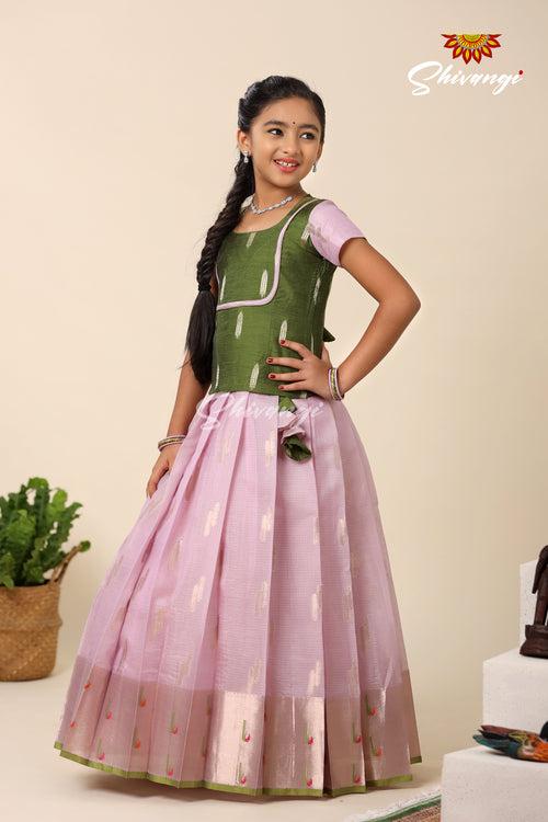 Festive Collection - Lavender Kota Leaf Chanderi Pattu Pavadai For Girls