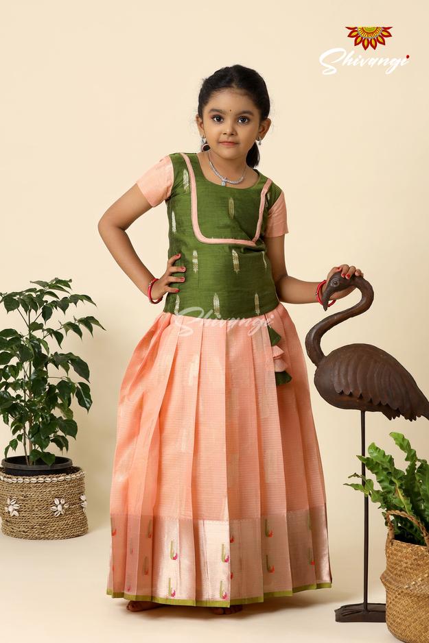 Festive Collection - Kota Leaf Chanderi Pattu Pavadai For Girls