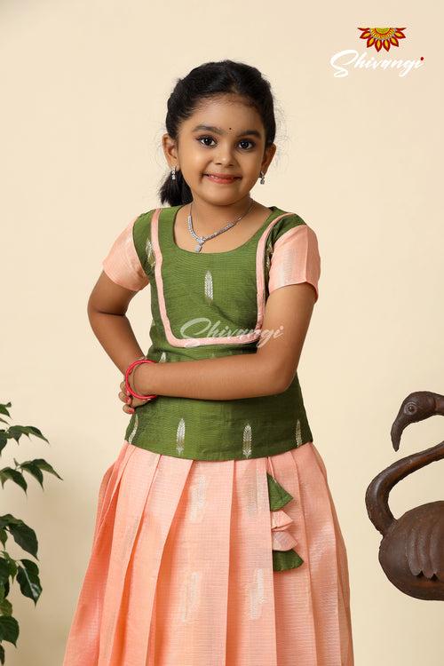 Festive Collection - Kota Leaf Chanderi Pattu Pavadai For Girls