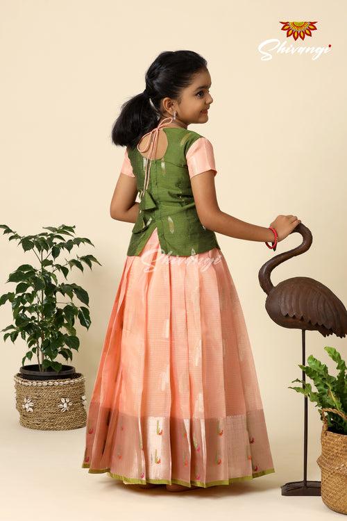 Festive Collection - Kota Leaf Chanderi Pattu Pavadai For Girls