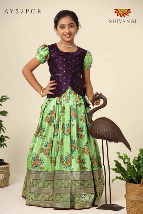 Satin Rose Bunch Pattu Pavadai For Girls Parrot Green - Festive Wear!!!