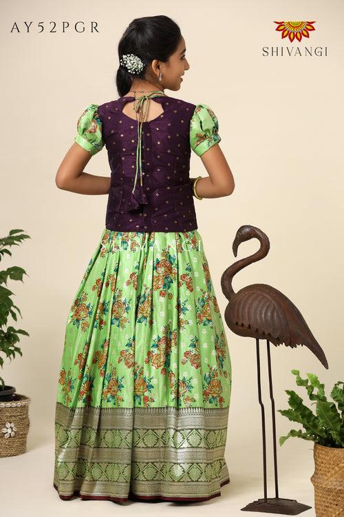 Satin Rose Bunch Pattu Pavadai For Girls Parrot Green - Festive Wear!!!