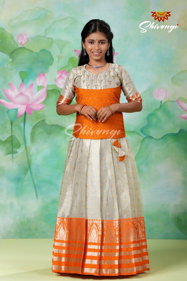 Silver Fog Girls Pattu Pavadai Designs in Orange