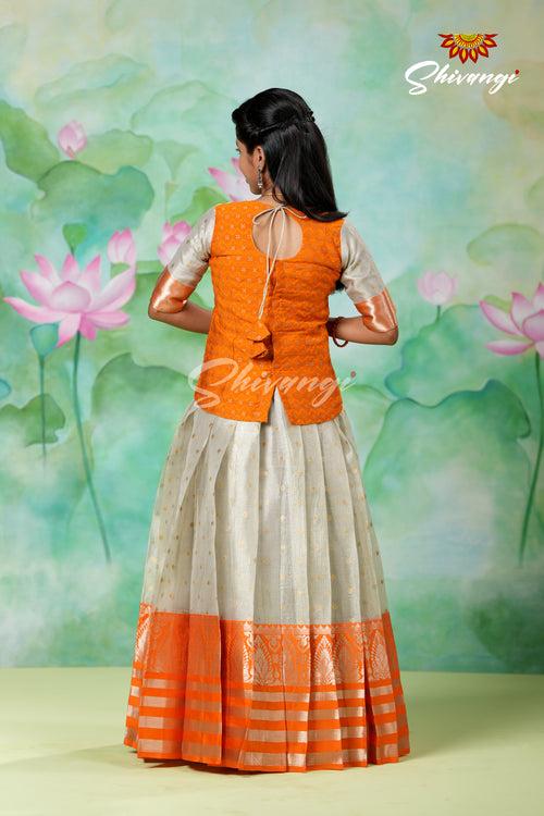 Silver Fog Girls Pattu Pavadai Designs in Orange