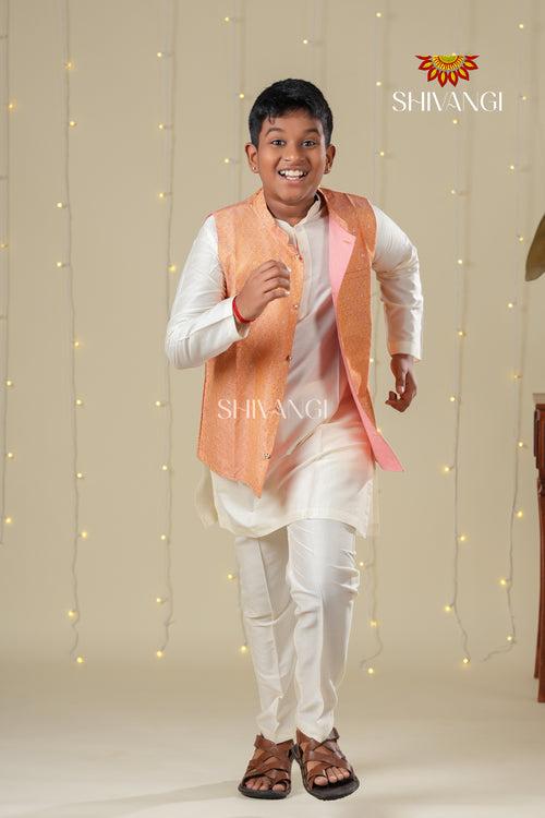 Ethnic Waer - Peach Boys Floral Nehru Jacket With Kurta Set !!!