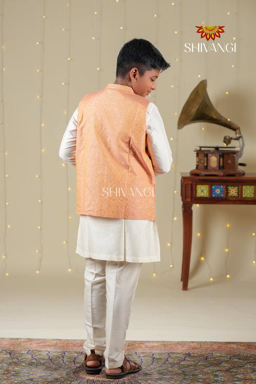 Ethnic Waer - Peach Boys Floral Nehru Jacket With Kurta Set !!!