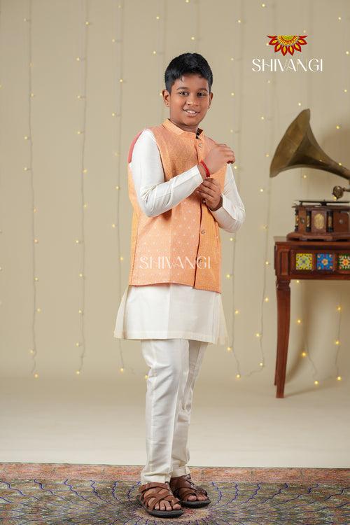 Ethnic Waer - Peach Boys Floral Nehru Jacket With Kurta Set !!!