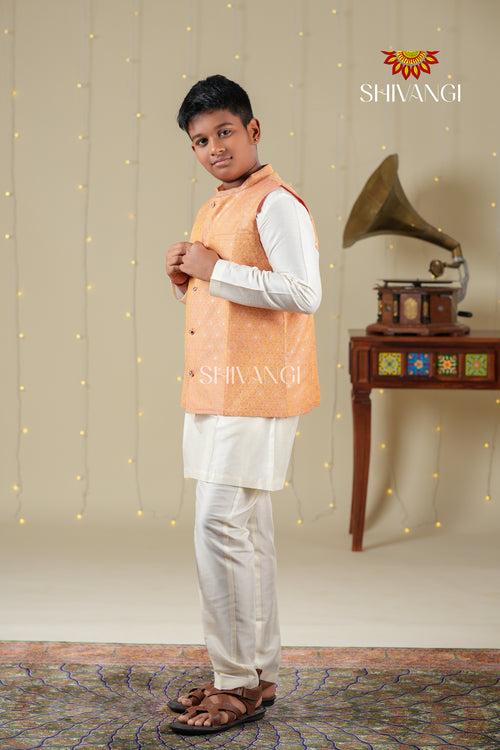 Ethnic Waer - Peach Boys Floral Nehru Jacket With Kurta Set !!!