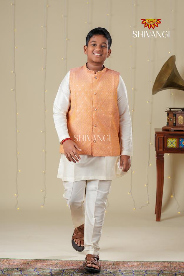 Ethnic Waer - Peach Boys Floral Nehru Jacket With Kurta Set !!!