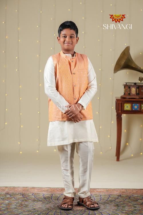 Ethnic Waer - Peach Boys Floral Nehru Jacket With Kurta Set !!!