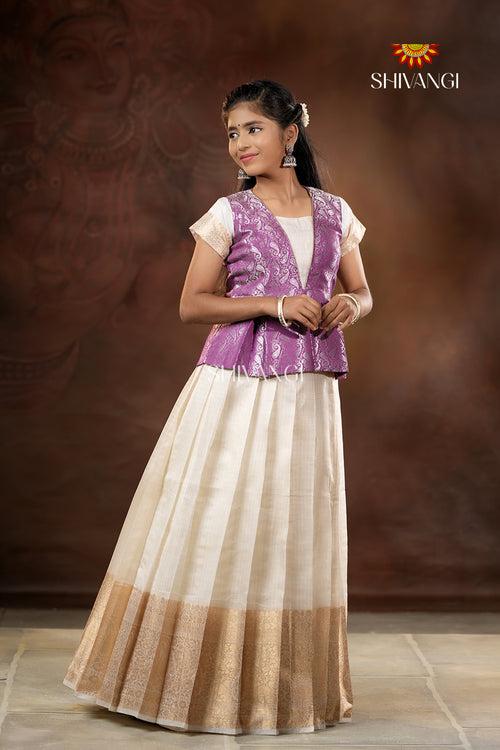 Onam Collection - Purple Onam White Pattu Pavadai