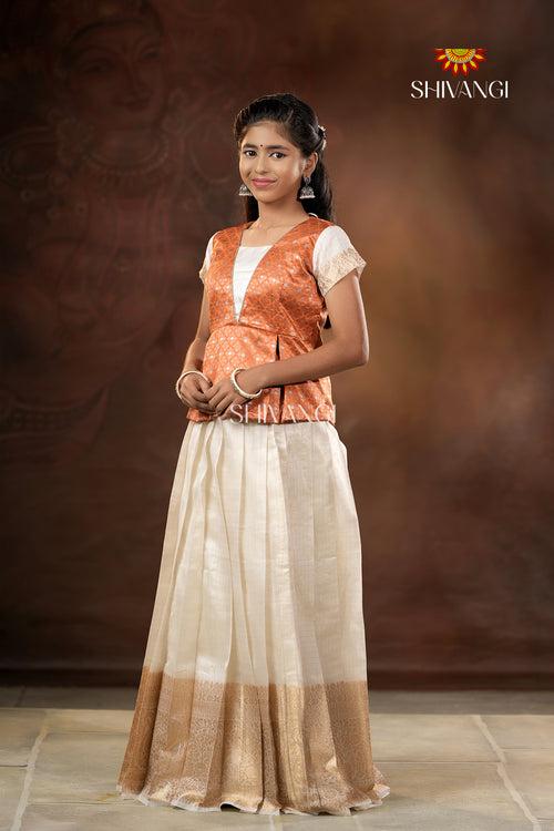 Onam Collection -  Orange Onam White Pattu Pavadai