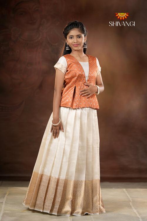 Onam Collection -  Orange Onam White Pattu Pavadai