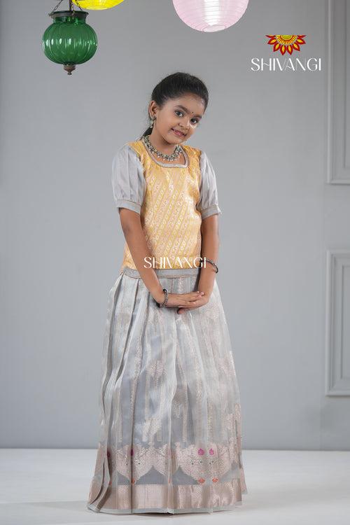 Grey Golden Necklace Traditional Pattu Pavadai For Girls !!!