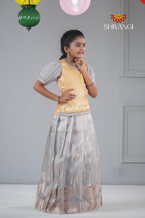 Grey Golden Necklace Traditional Pattu Pavadai For Girls !!!