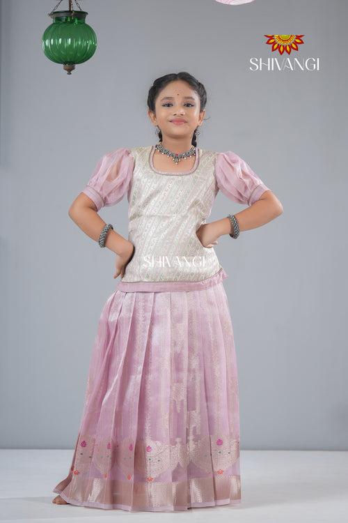 Baby Pink Golden Necklace Traditional Pattu Pavadai For Girls !!!