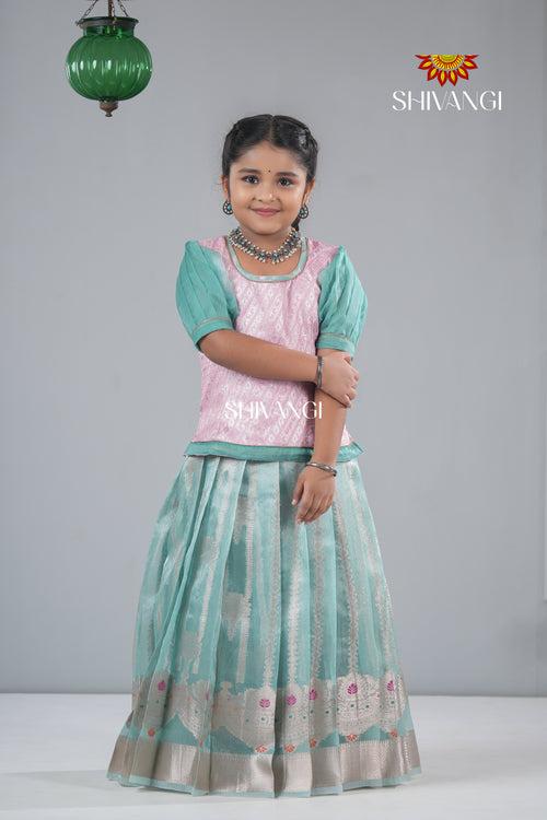 Sky Blue Golden Necklace Traditional  Pattu Pavadai For Girls !!!