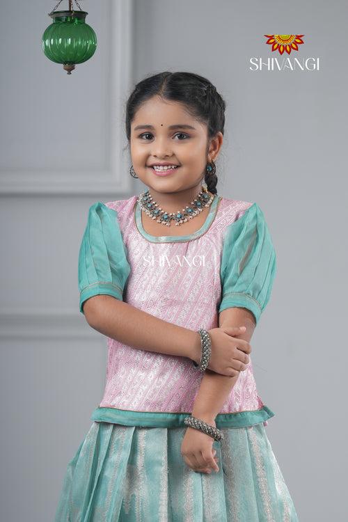 Sky Blue Golden Necklace Traditional  Pattu Pavadai For Girls !!!