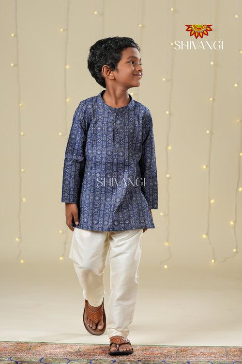 Ethnic Waer - Blue Boys Diamond Jacquard Cotton Kurta !!!