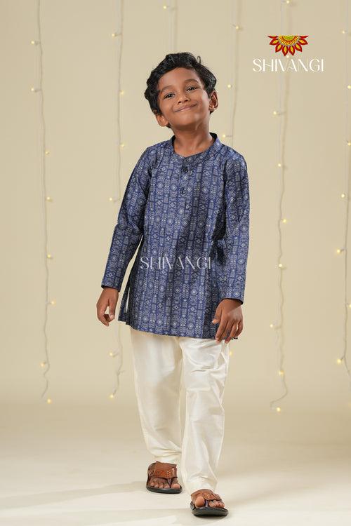 Ethnic Waer - Blue Boys Diamond Jacquard Cotton Kurta !!!