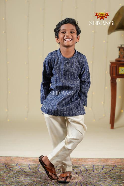 Ethnic Waer - Blue Boys Diamond Jacquard Cotton Kurta !!!