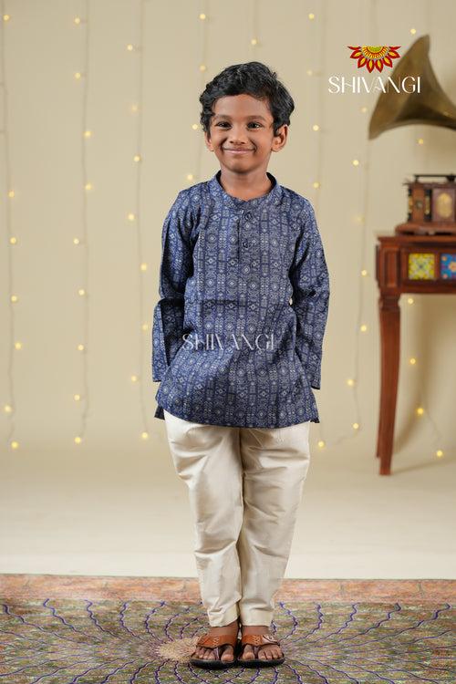 Ethnic Waer - Blue Boys Diamond Jacquard Cotton Kurta !!!