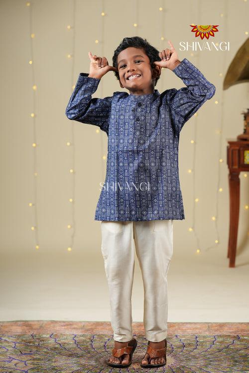 Ethnic Waer - Blue Boys Diamond Jacquard Cotton Kurta !!!