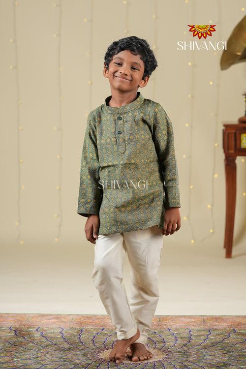 Ethnic Waer - Green Boys Diamond Jacquard Cotton Kurta !!!