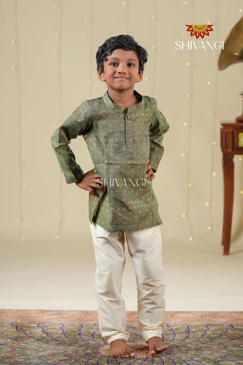 Ethnic Waer - Green Boys Diamond Jacquard Cotton Kurta !!!