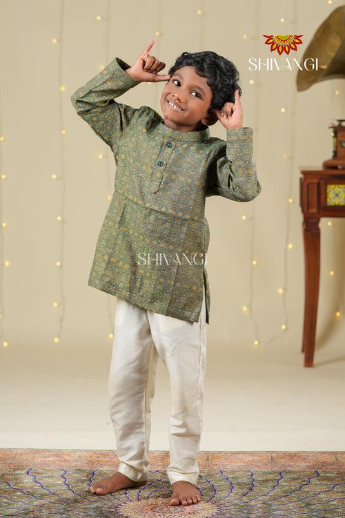 Ethnic Waer - Green Boys Diamond Jacquard Cotton Kurta !!!