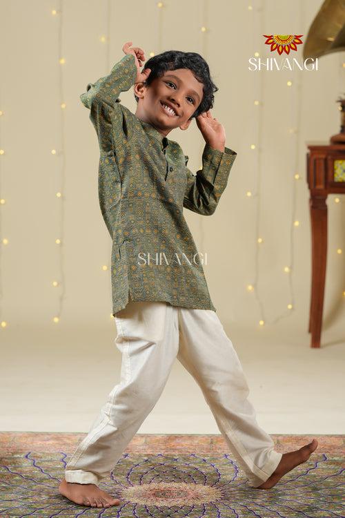 Ethnic Waer - Green Boys Diamond Jacquard Cotton Kurta !!!