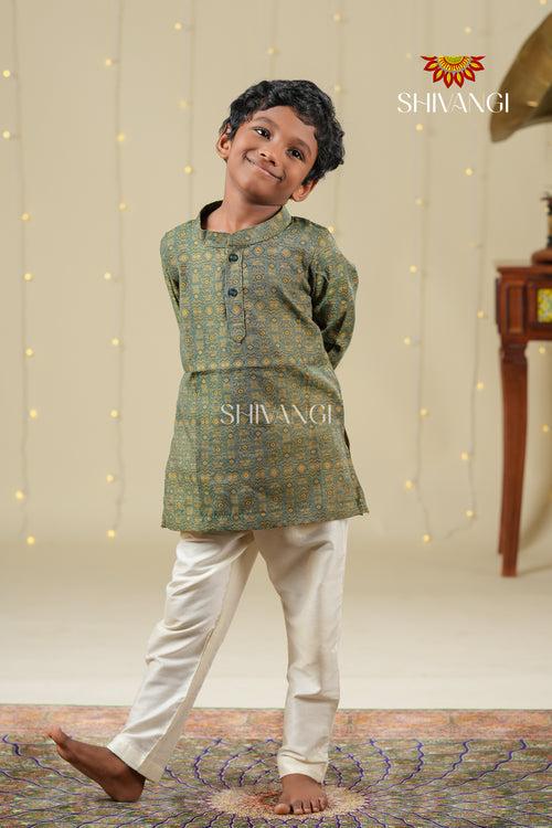 Ethnic Waer - Green Boys Diamond Jacquard Cotton Kurta !!!