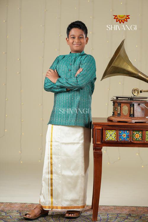 Ethnic Waer - Teal Green Boys Diamond Jacquard Cotton Kurta !!!