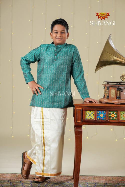 Ethnic Waer - Teal Green Boys Diamond Jacquard Cotton Kurta !!!